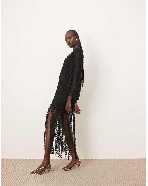 ARRANGE Natural Embroidered Lace Long Sleeve Midi Dress With Fringe Hem