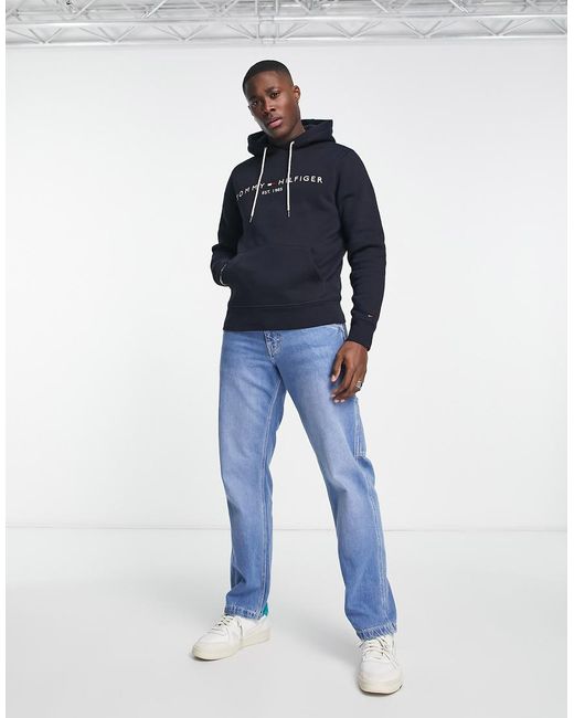 Tommy Hilfiger Blue Embroidered Flag Logo Hoodie for men