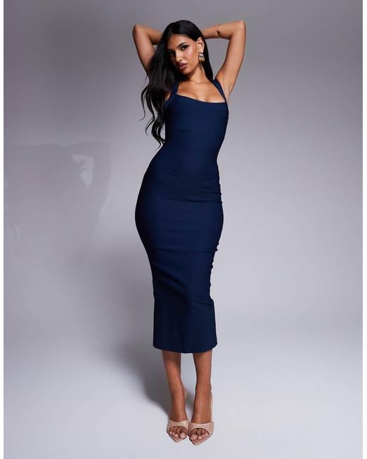 Vesper Blue Bengaline Low Back Midi Dress