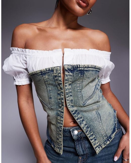 Liquor N Poker Gray Hook Eye Denim Corset With Milkmaid Sleeves