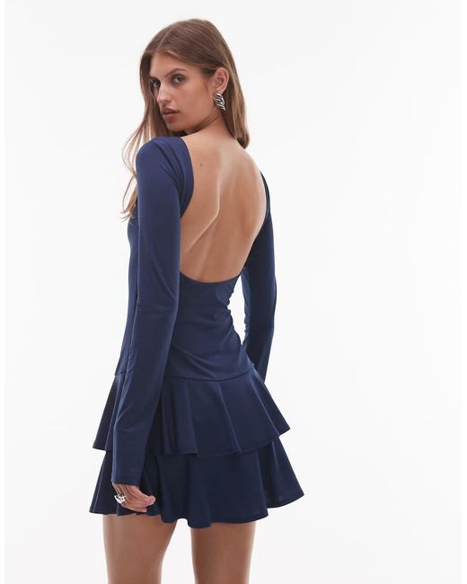 Nia Blue Sienna Boat Neck Long Sleeve Slinky Mini Dress