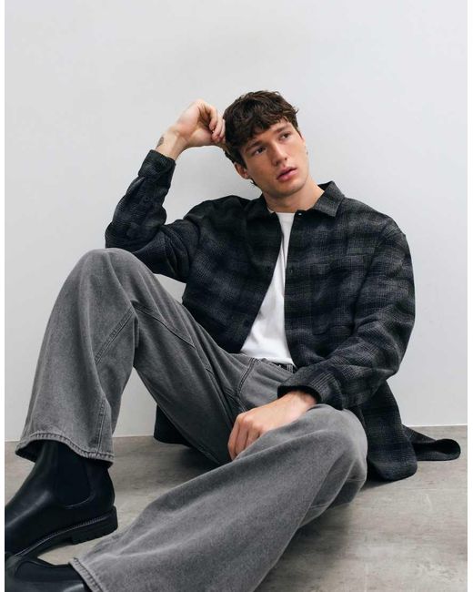 ASOS Gray Oversized Check Flannel Shirt for men