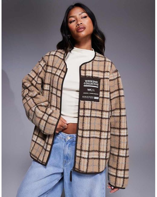 ASOS Multicolor Weekend Collective Borg Zip Through Fleece With Neutral Check Design