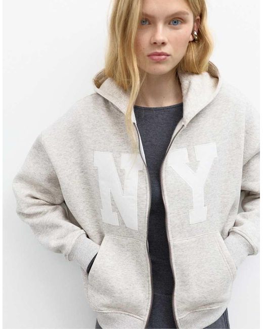 Pull&Bear White Graphic Zip-Up Hoodie