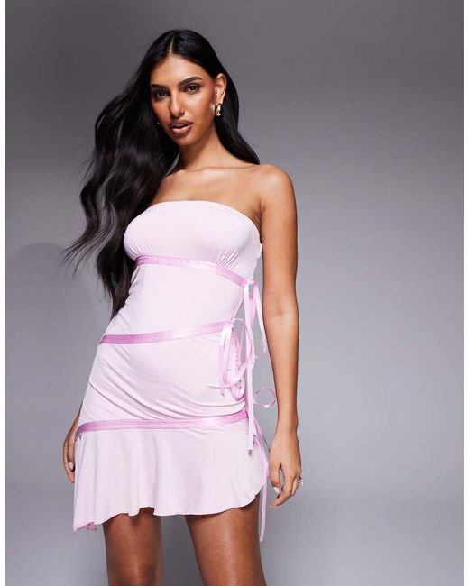 I.AM.GIA Purple Arly Slinky Bandeau Contrast Satin Ribbon Trim Asymmetric Hem Mini Dress