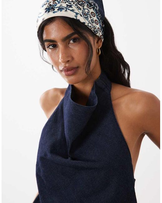 Mango Blue Carla Linen Mix Halterneckdenim Top Co-Ord