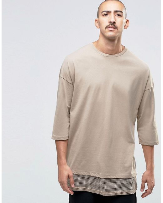 ASOS Natural Oversized 3/4 Sleeve T-shirt With Double Layer Mesh Hem for men
