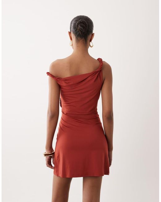 SNDY'S Red Twist Waist Detail Asymmetric Shoulder Mini Dress