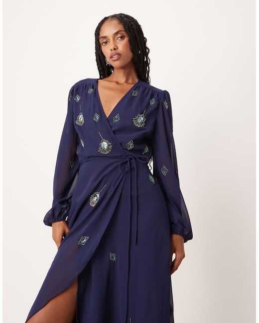Hope & Ivy Blue Embellished Wrap Front Maxi Dress