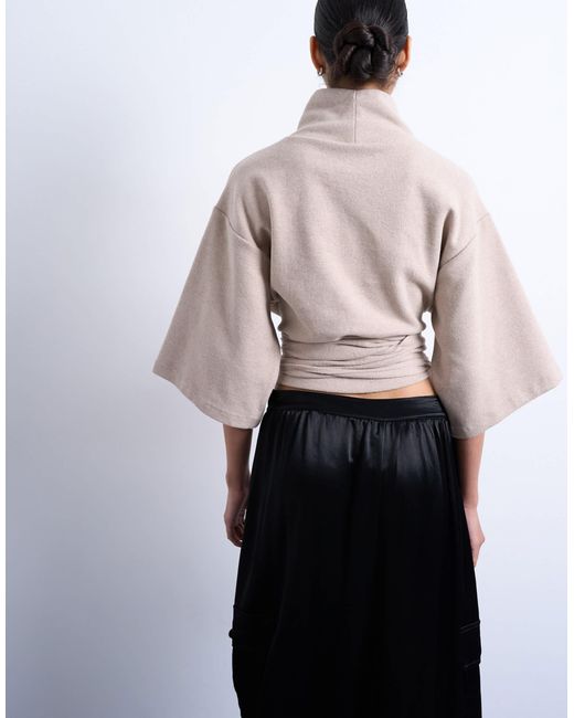 Top doux à col cheminée et taille nouée - taupe TOPSHOP en coloris Gray