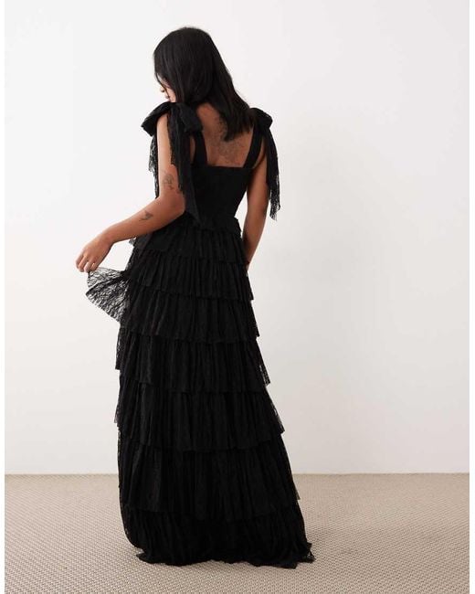 LACE & BEADS Black Lace Bow Shoulder Tiered Maxi Dress