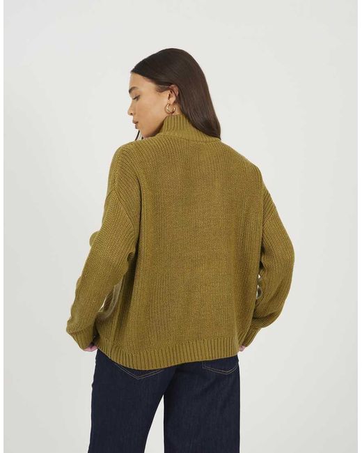 Brave Soul Green Half Zip Funnel Neck Fisherman Knit Jumper