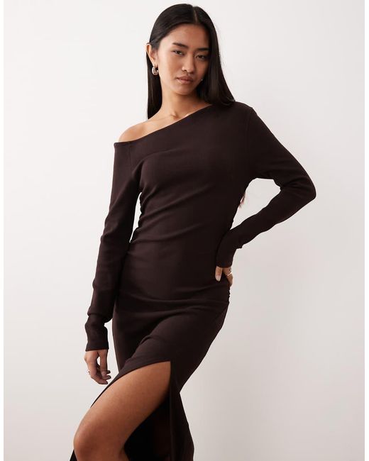 ASOS Natural Ribbed Fallen Shoulder Split Front Maxi Dress