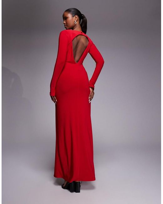 ASOS Red Slinky Twist Detail Plunge Neck Long Sleeve Maxi Dress