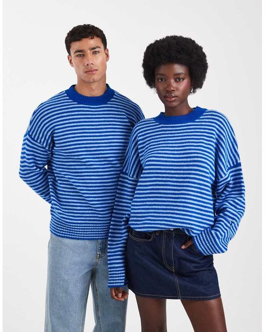 Collusion Blue Unisex Fluffy Striped Crew Neck Sweater