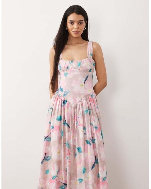 Bardot Pink Cartia Cotton Milkmaid Corset Detail Tie Back Maxi Dress