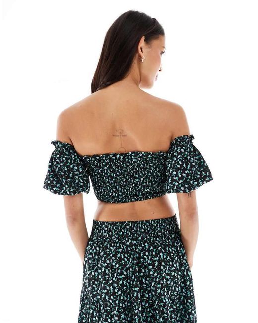 Wednesday's Girl Black Ditsy Floral Shirred Off-Shoulder Top Co-Ord