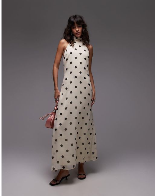 ASOS Hoogsluitende Maxi-Jurk Van Chiffon Met Halternek En Stippen in het Gray