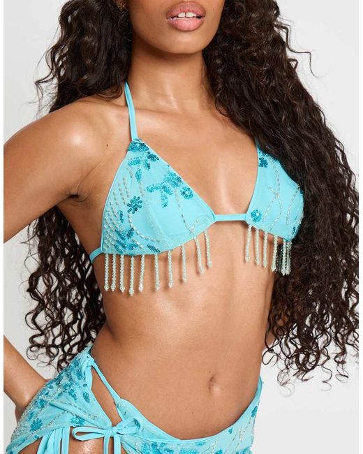 Public Desire Blue Beaded Embelished Bikini Top