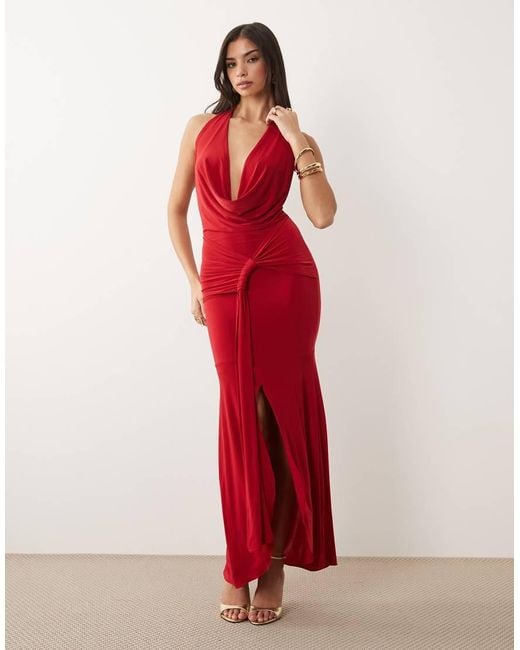 Kaiia Red Exclusive Double Laye Slinky Halter Cowl Neck Drape Waist Detail Maxi Dress