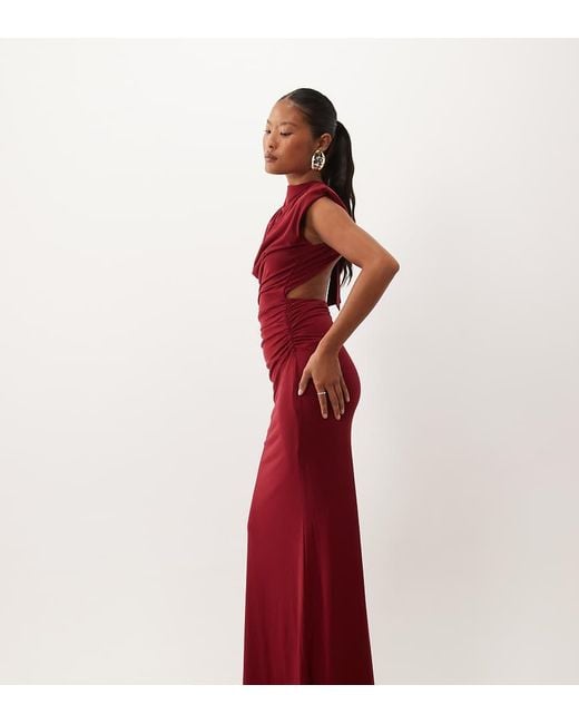 TFNC London Red Slinky Draped High Neck Shoulder Pad Open Back Maxi Dress