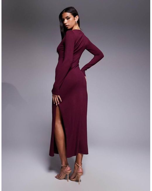 Kaiia Purple Exclusive Knit Slash Neck Long Sleeve Maxi Dress