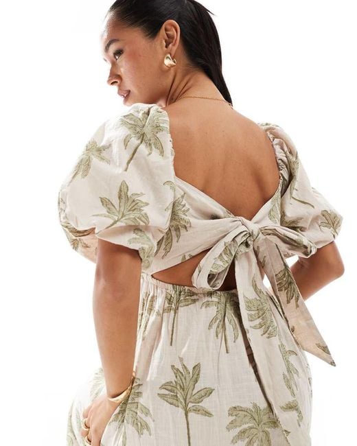 Vestito Midi Con Maniche A Sbuffo E Stampa Di Palme di New Look in Natural