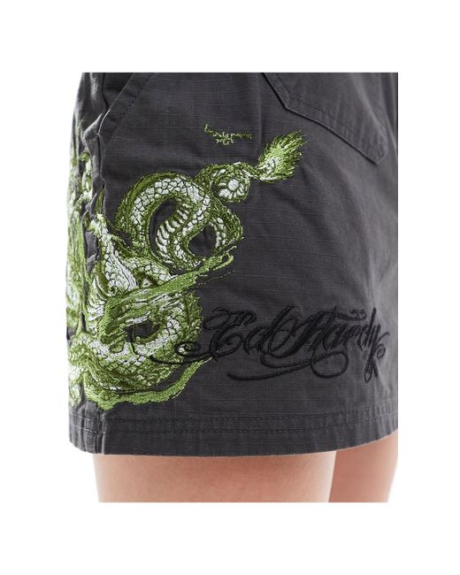 Ed Hardy Blue Micro Twill Cargo Skirt With Green Dragon Embroidery