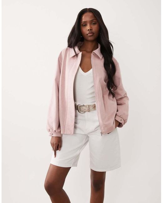 The Frolic Pink Exclusive Faux Suede Balloon Sleeve Collared Bomber Jacket
