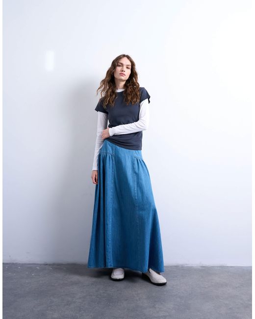 TOPSHOP Women's Blue Denim Dropwaist Maxi Skirt