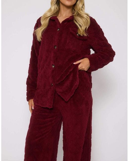 Loungeable Red Cableknit Button Down Shacket And Trouser Set