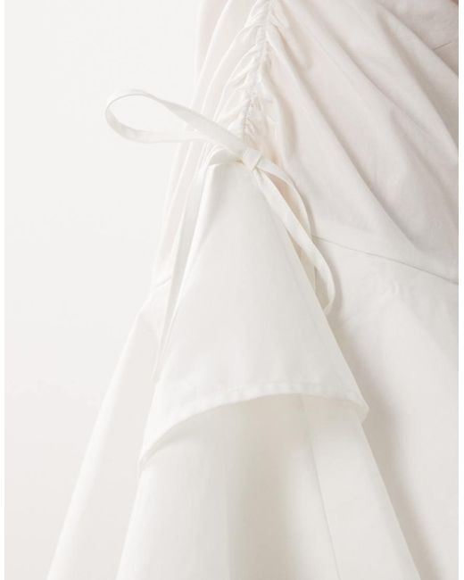 ASOS White Poplin Short Sleeve Mini Dress With Ruching Tie Waist Detail