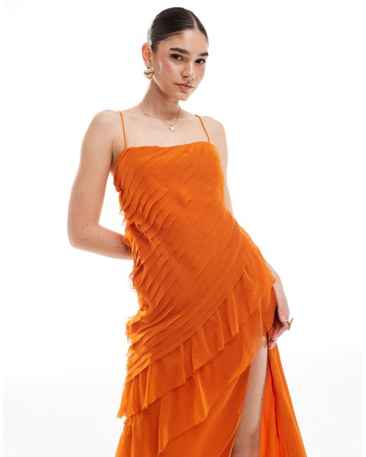 ASOS Orange Raw Edge Textured Cami Maxi Dress With Ruffles