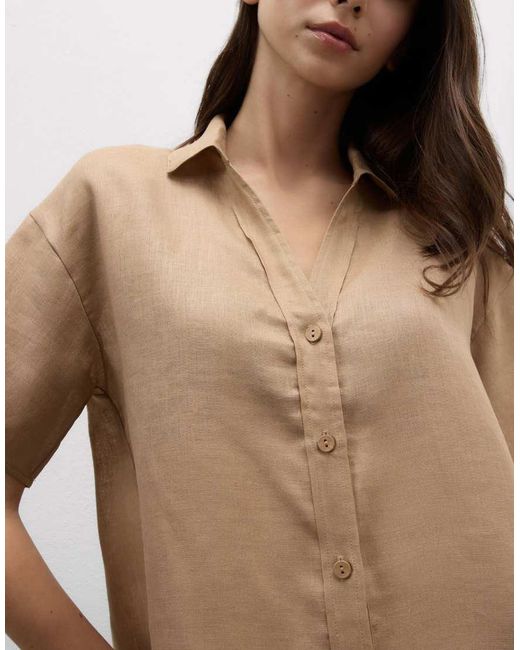 Intimissimi Natural Plain-Weave Linen Short-Sleeved Shirt