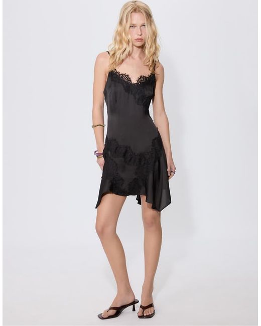 Stradivarius Mini Jurk Met Kanten Rand in het Black