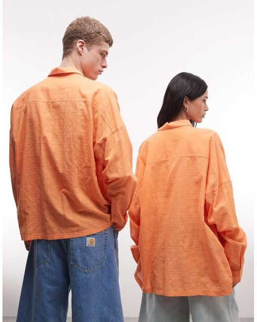 Collusion Orange Unisex Oversized Long Sleeve Textured Grid Check Shirt