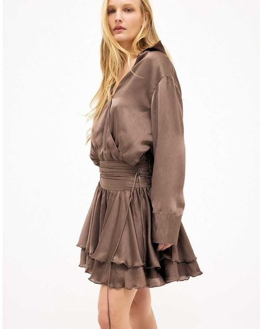 NA-KD Brown Ruched Waist Mini Shirt Dress