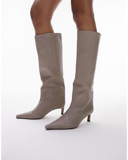 TOPSHOP White Tara Premium Leather Mid Heel Pointed Knee Boot