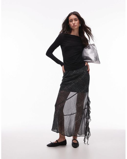 & Other Stories Black Supersoft Jersey Ruche Boat Neck Top With Long Sleeves