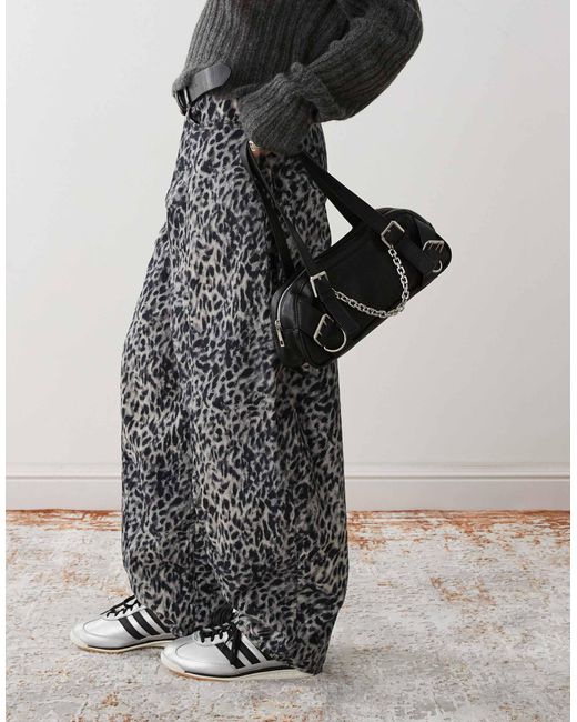 Reclaimed (vintage) Gray Snow Leopard Print Barrel Leg Trouser