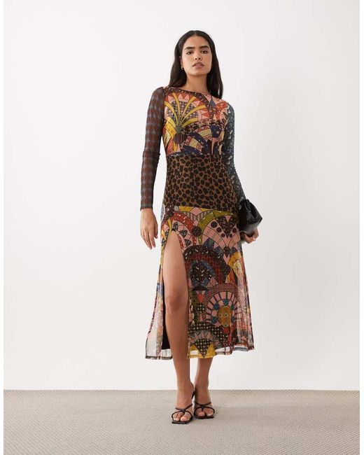 Never Fully Dressed Natural Mesh Long Sleeve High Split Midi Dress
