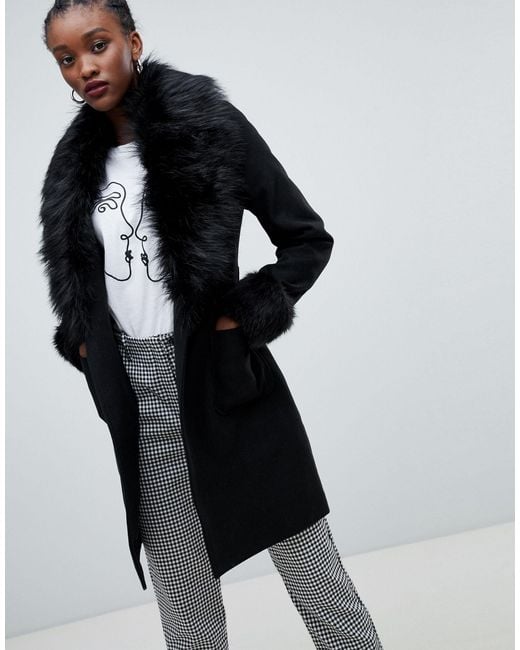 New Look Faux Fur Trim Coat in Black | Lyst