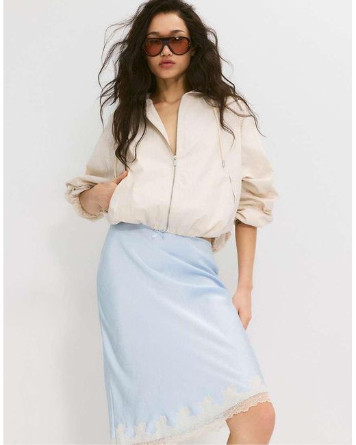 Stradivarius Blue Satin Skirt With Contrast Lace