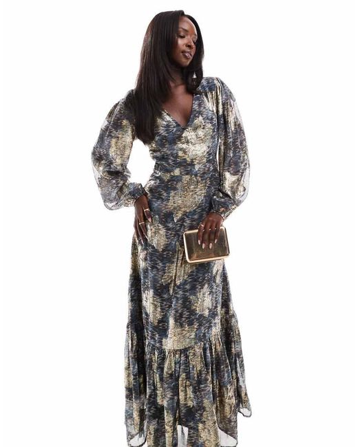 Finding Friday White Metallic Printed Balloon Sleeve Maxi Dress