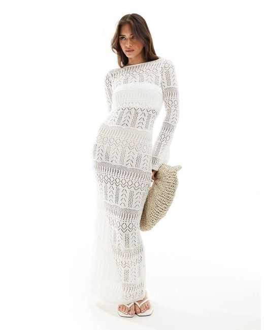 Pimkie White Crochet Long Sleeve Scoop Back Maxi Dress