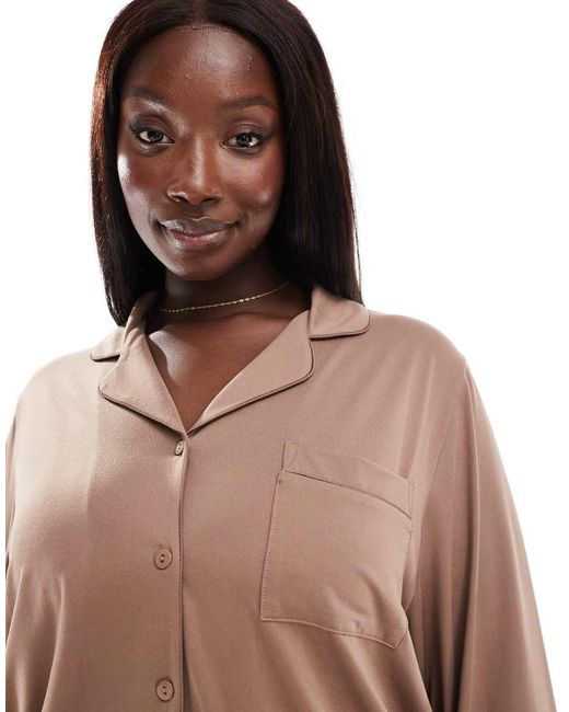 Loungeable Brown Curve Super Soft Jersey Revere Top And Wide Leg Pyjama Set With Piping Detail