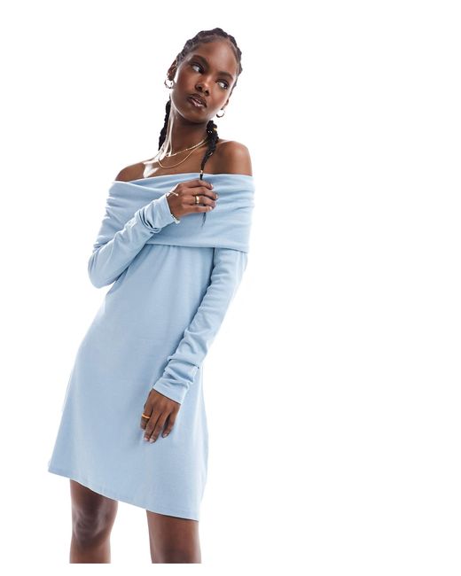 Monki Blue Jersey Mini Dress With Ruche Off Shoulder Detail