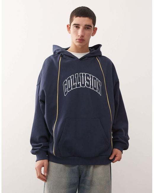 Collusion Blue Boxy Oversized Logo Hoodie With Piping for men