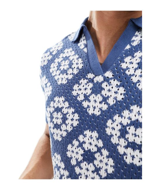 ASOS Blue Knitted Crochet Revere Polo for men
