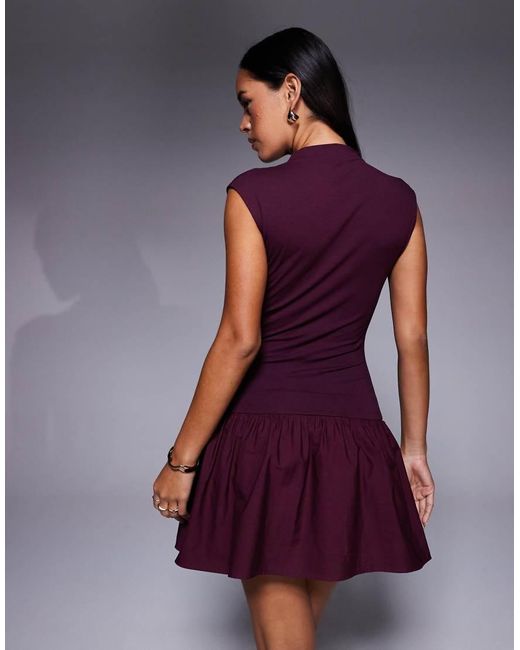 ASOS Purple Grown On Neck Mini Dress With Poplin Mix Skirt